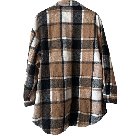 Calista Plaid Wool Blend Flannel Tan Mid Length Button Up Shirt Jacket Shacket - Picture 6 of 9